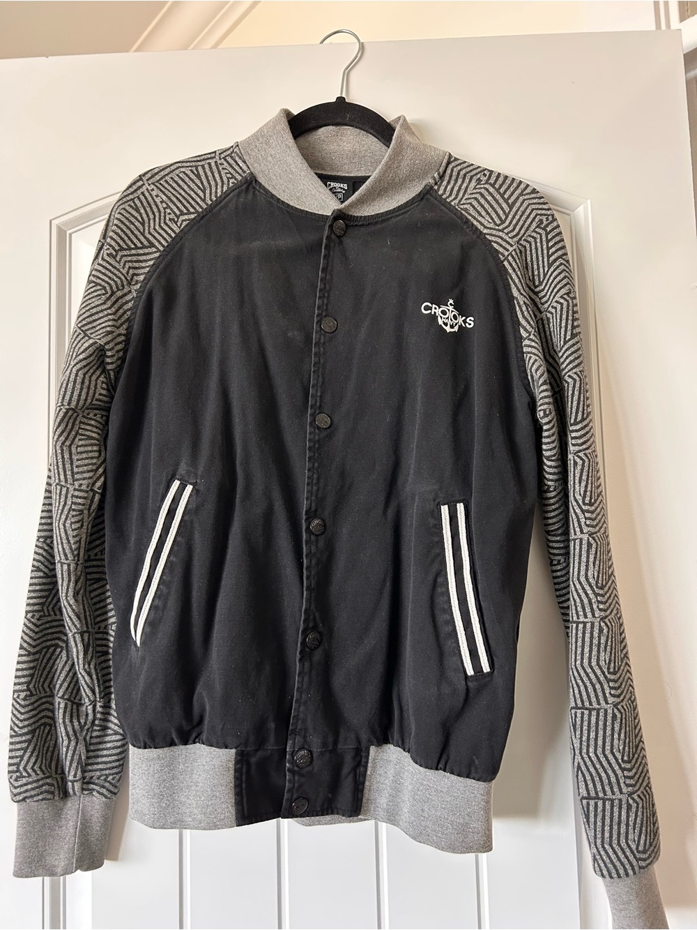 Crooks & Castles Black Bomber Jacket with Gray Patterned Sleeves